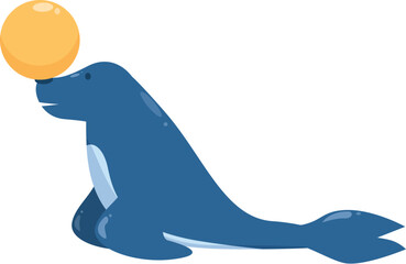 Blue cartoon seal balancing a yellow ball on its nose