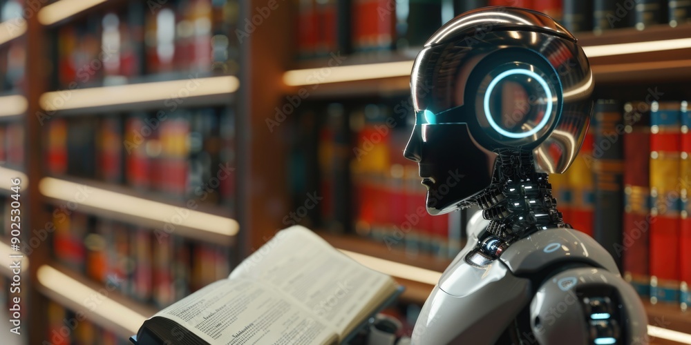 Poster A robot sitting at a table in a library, reading a book