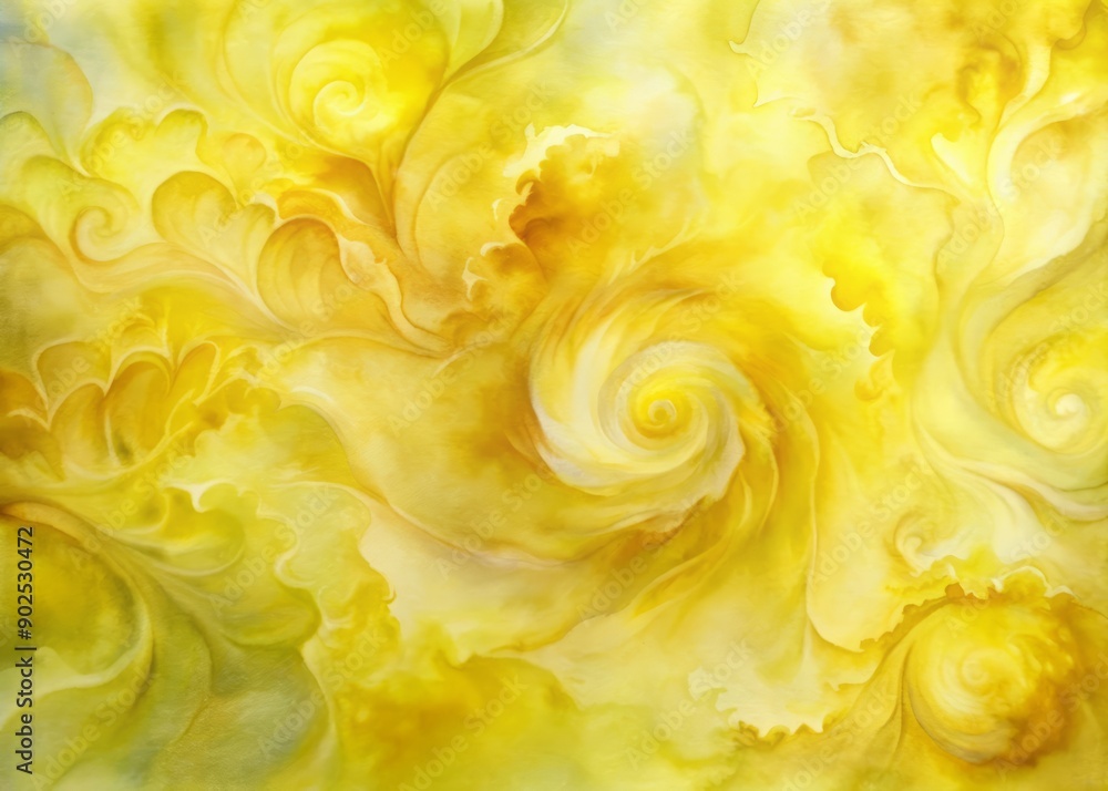 Poster Vibrant yellow watercolor paints swirl and blend on paper, creating a mesmerizing abstract texture with soft, feathery edges and delicate, organic patterns.