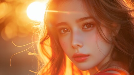 A stunning model gazes softly with sun-kissed skin at dusk