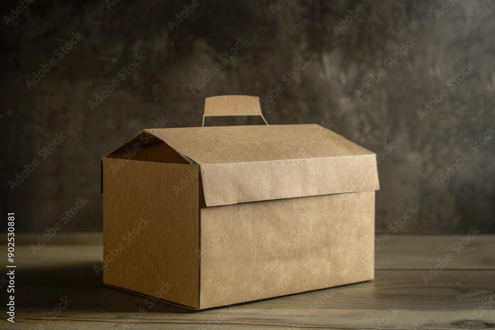 Poster a simple cardboard box sits atop a wooden table, providing a rustic and natural setting