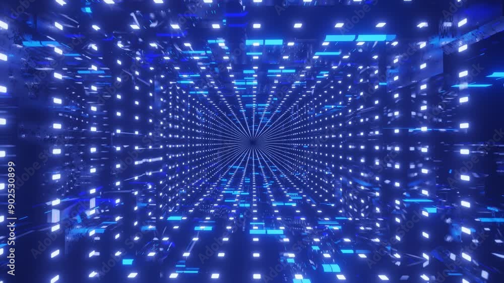 Poster blue hologram. 4k seamless looped animation. fly through mirror tunnel with neon pattern, glow lines