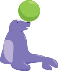 Purple cartoon seal balancing a green ball on its nose