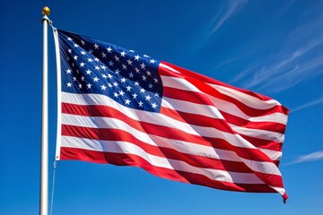 Fototapeta premium Patriotic symbol of freedom and independence, the American flag waves proudly in the wind, set against a clear blue sky with ample copy space.