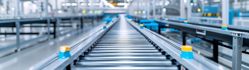 Fototapeta premium Semi close-up of a conveyor belt in Carlsbad industrial plant, moving parts with precision, more clarity with clear light and sharp focus, high detailed