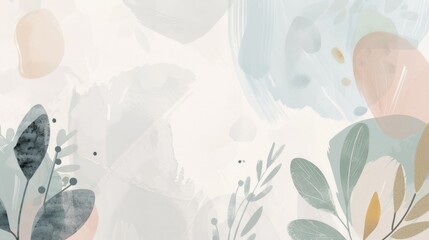 Abstract foliage art background banner. Botanical watercolor leaves paint brush. Frame design illustration for wallpaper, banner, print, poster, greeting card, pastel pink green gold color, japandi