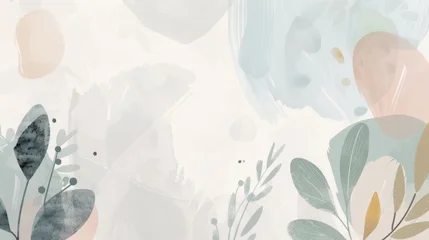 Poster Abstract foliage art background banner. Botanical watercolor leaves paint brush. Frame design illustration for wallpaper, banner, print, poster, greeting card, pastel pink green gold color, japandi