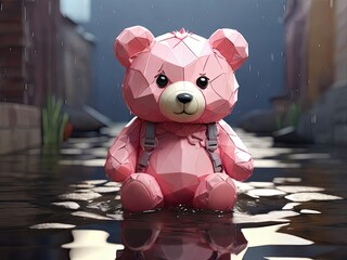 A colorful bear sits in shallow water, surrounded by glistening reflections, creating a whimsical atmosphere amid the rain