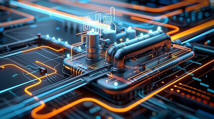 A futuristic digital rendering of an industrial facility with glowing blue and orange pipes, cables, and machinery in motion on a dark background. The focus is on the intricate details of each pipe