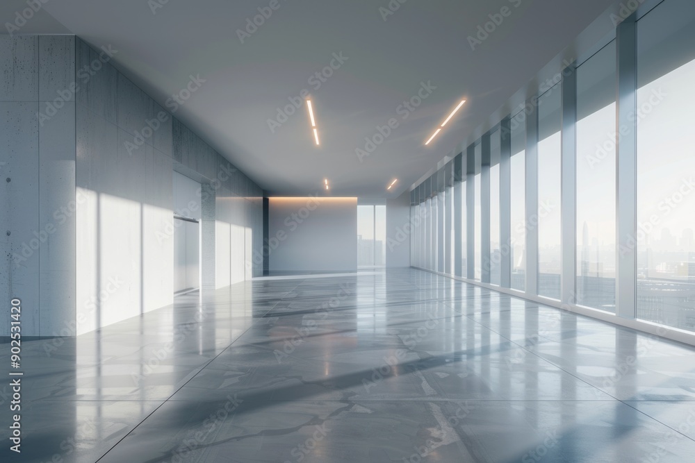 Poster A large empty room with many windows, suitable for use in interior design or architecture concepts