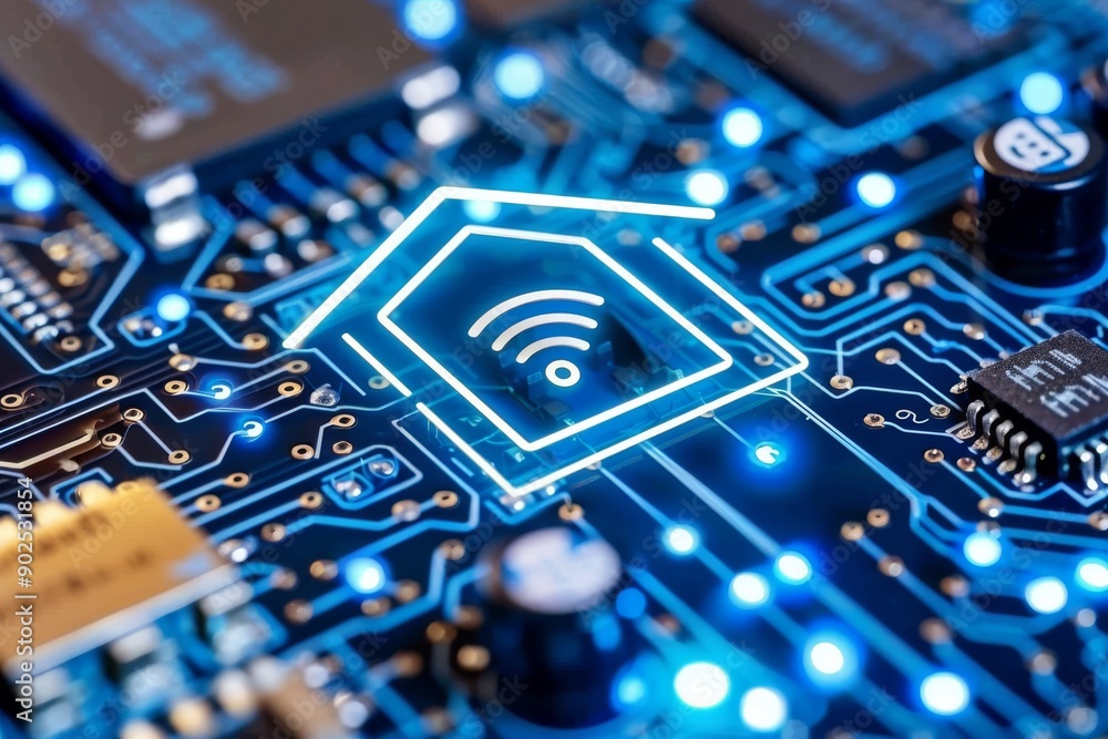 Aufkleber digital circuit board with wifi signal concept of advanced technology connectivity and innovation in