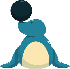 Cartoon seal balancing a ball on its nose, performing a circus trick