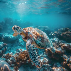 Fototapeta premium Sea Turtle Gracefully Gliding Through Pristine Coral Reef Underwater