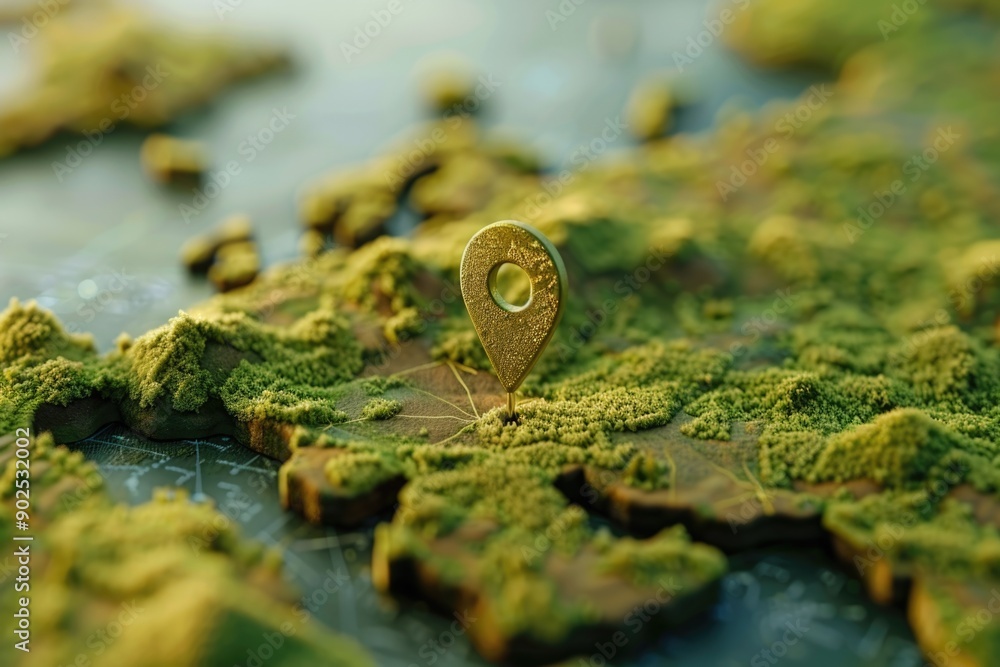 Fototapete A close-up view of a map with a single pin marking a specific location