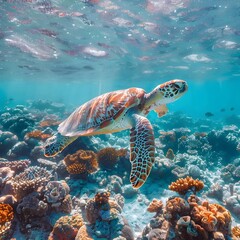 Obraz premium Graceful Sea Turtle Gliding Above Vibrant Coral Reef in Crystal Clear Ocean Waters