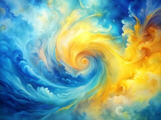 Fototapeta premium Vibrant abstract watercolor background featuring swirling blue and yellow hues, blending into a mesmerizing gradient of soft pastel shades and textured brushstrokes.