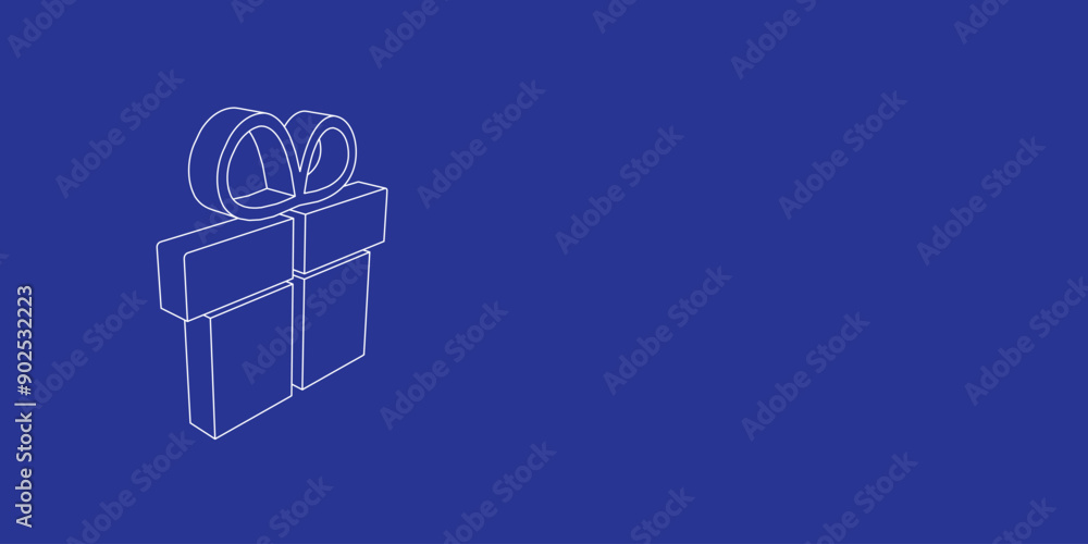 Poster the outline of a large gift symbol made of white lines on the left. 3d view of the object in perspec