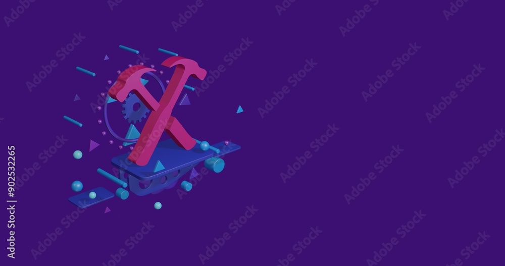 Aufkleber pink crossed hammers symbol on a pedestal of abstract geometric shapes floating in the air. abstract