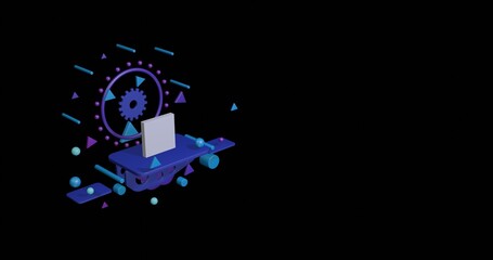 White rectangle on a pedestal of abstract geometric shapes floating in the air. Abstract concept art with flying shapes on the left. 3d illustration on black background