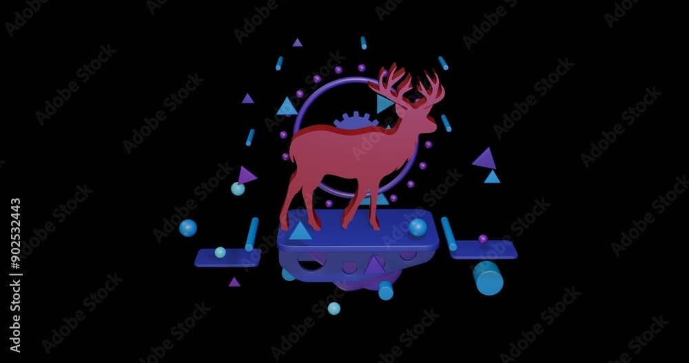 Poster red deer symbol on a pedestal of abstract geometric shapes floating in the air. abstract concept art