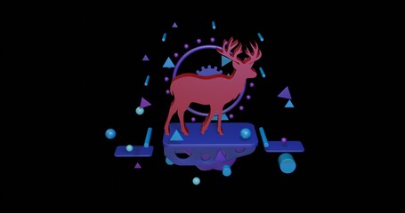 Red deer symbol on a pedestal of abstract geometric shapes floating in the air. Abstract concept art with flying shapes in the center. 3d illustration on black background
