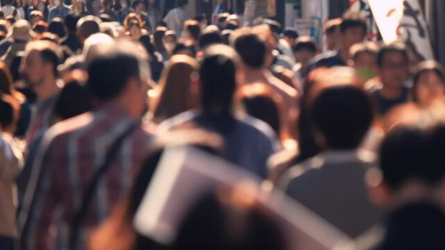 Unfocused blurry crowd of people walking in the street. Slow motion.	
