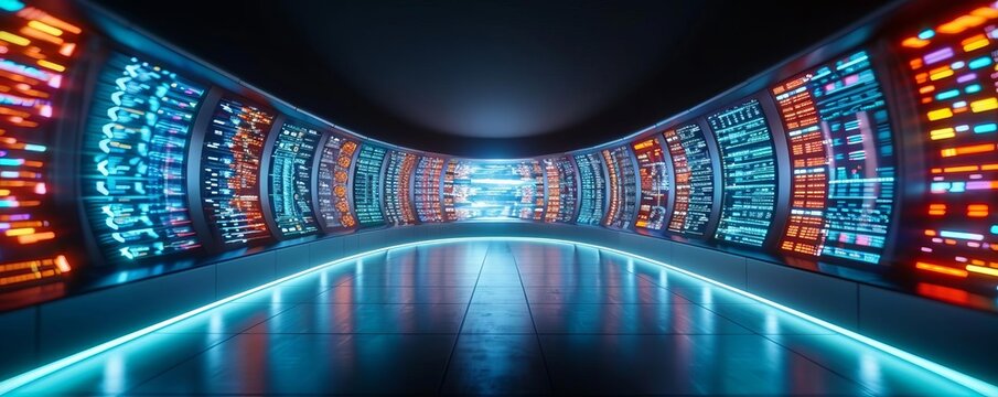 Advanced room, hologram technology, dark futuristic background, innovation hub