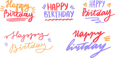Collection of text lettering Happy Birthday. Hand drawn vector art.