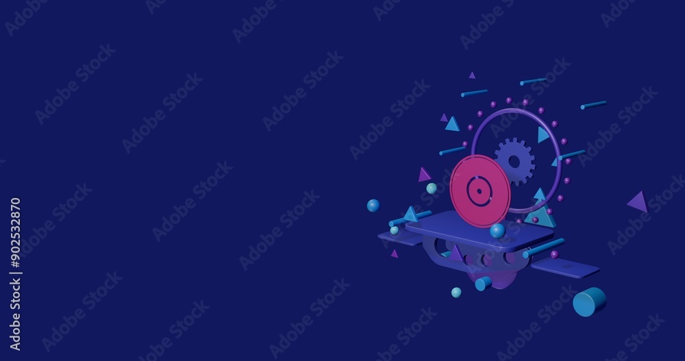 Poster pink gramophone record symbol on a pedestal of abstract geometric shapes floating in the air. abstra