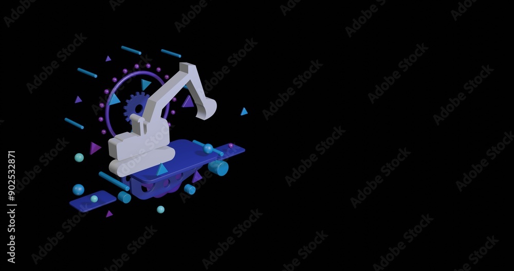 Canvas Prints White excavator symbol on a pedestal of abstract geometric shapes floating in the air. Abstract concept art with flying shapes on the left. 3d illustration on black background