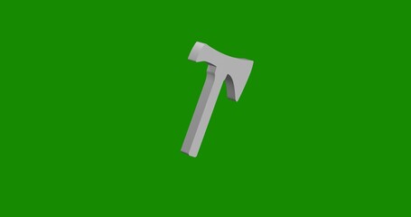 Isolated realistic white axe symbol front view with shadow. 3d illustration on green chroma key background