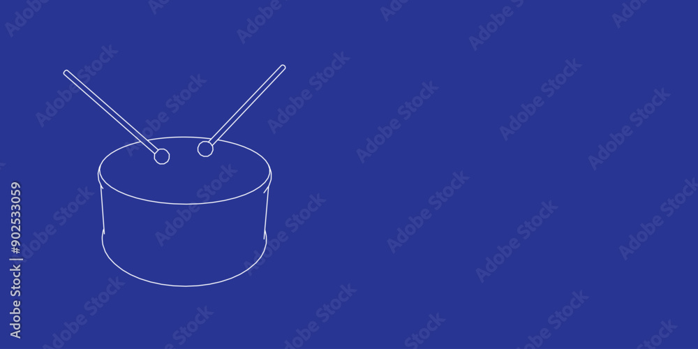 Poster the outline of a large drum symbol made of white lines on the left. 3d view of the object in perspec