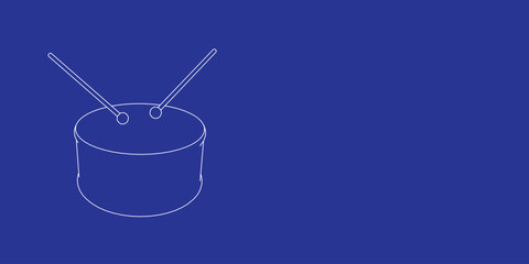 The outline of a large drum symbol made of white lines on the left. 3D view of the object in perspective. Vector illustration on indigo background