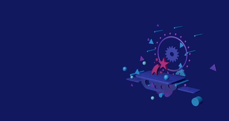 Naklejka premium Pink fireworks symbol on a pedestal of abstract geometric shapes floating in the air. Abstract concept art with flying shapes on the right. 3d illustration on indigo background