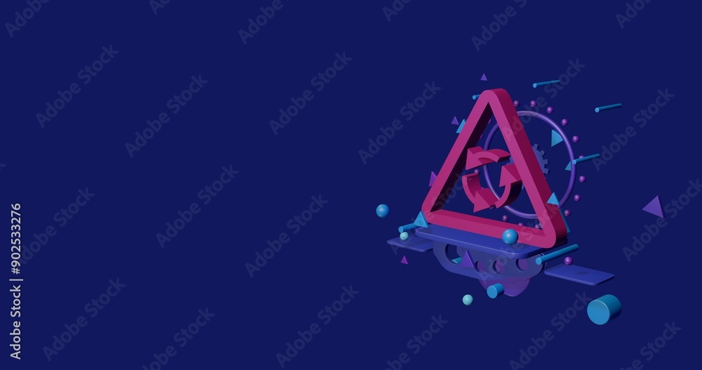 Poster pink roundabout sign on a pedestal of abstract geometric shapes floating in the air. abstract concep
