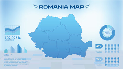 Blue Romania Map with States, Political Romania infographic map vector illustration