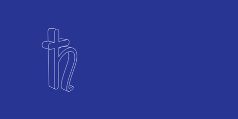 The outline of a large astrological saturn symbol made of white lines on the left. 3D view of the object in perspective. Vector illustration on indigo background