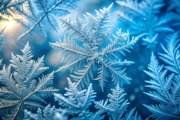 Icy abstract blue frost background with intricate crystalline patterns and delicate frosty textures, evoking a sense of coldness and serenity in a minimalist winter scene.