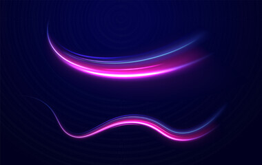 Light motion effect, slow shutter of traffic. High tech concept with luminous arrows moving to side. Speed connection vector background. Neon color glowing lines.