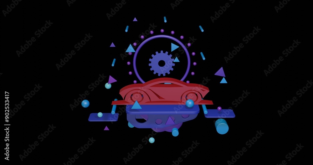 Poster red future car symbol on a pedestal of abstract geometric shapes floating in the air. abstract conce