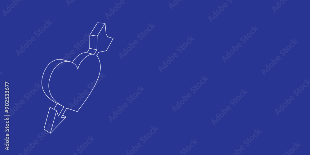 Poster the outline of a large cupid arrow symbol made of white lines on the left. 3d view of the object in 