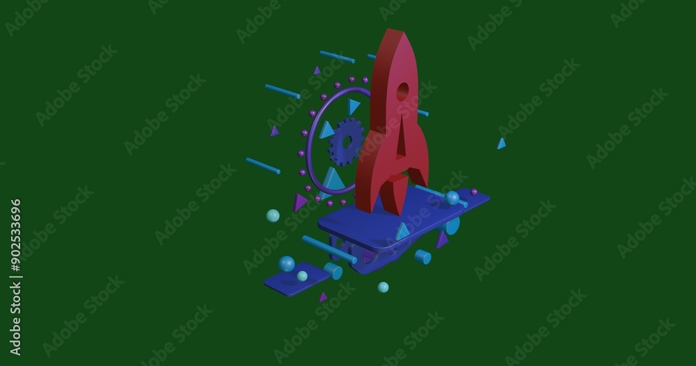 Poster red rocket on a pedestal of abstract geometric shapes floating in the air. abstract concept art with