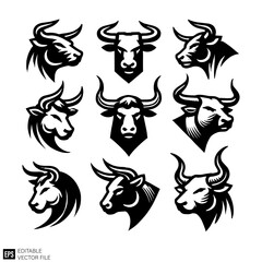 Obraz premium set of bull head logo black and white vector clip art silhouette graphic design