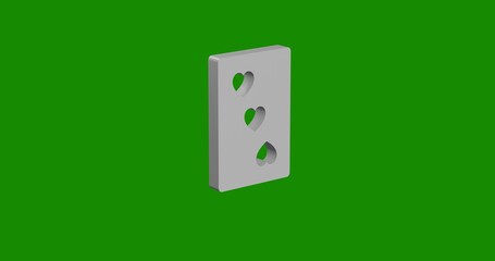 Isolated realistic white Three of hearts playing card front view with shadow. 3d illustration on green chroma key background