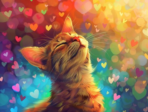 A Happy Cat Surrounded by Hearts