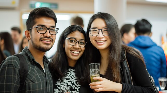 three smiling students, Indian and Chinese women with black hair and glasses, posing with drinks at a British university campus event, festive college life atmosphere