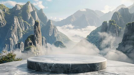 3D rendering of a stone product display circular podium on the rock platform in front of a mountain range and sky with clouds and mist