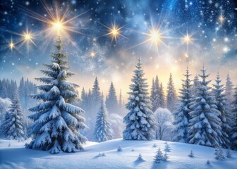 Fototapeta premium Serene winter landscape with delicate snowflakes gently falling onto snow-covered evergreen trees, frosty mist, and sparkling icicles, creating a peaceful magical atmosphere.