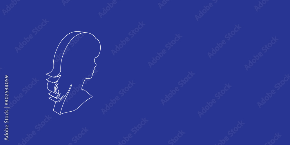 Poster the outline of a large woman face profile symbol made of white lines on the left. 3d view of the obj