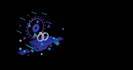 White wedding rings symbol on a pedestal of abstract geometric shapes floating in the air. Abstract concept art with flying shapes on the left. 3d illustration on black background